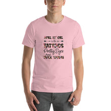 Load image into Gallery viewer, April 22nd girl with tattoos eyes and thighs Unisex T-Shirt